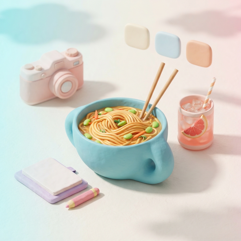 Semangkuk mie dengan kamera dan buku, simbol menu belajar kreatif 9OCUAN